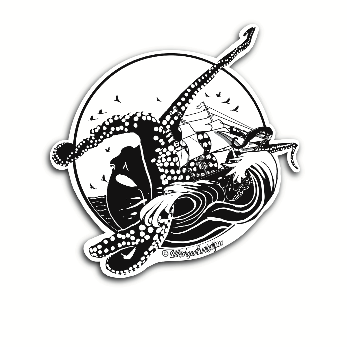 Kraken Sticker - Black & White Sticker - Little Shop of Curiosity