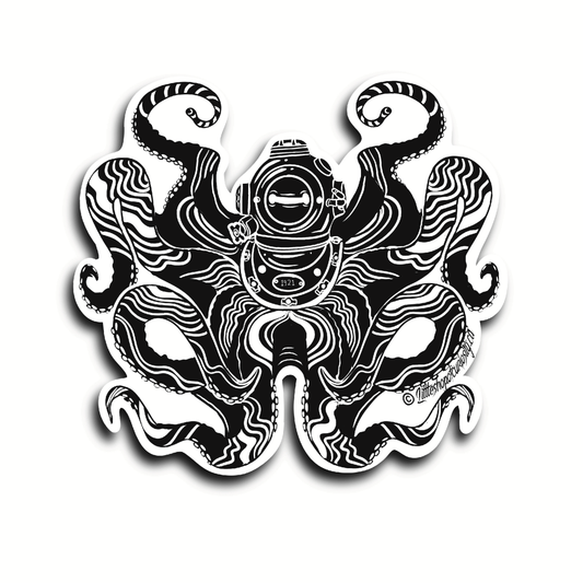 Scuba Octopus Black & White Sticker - Black & White Sticker - Little Shop of Curiosity