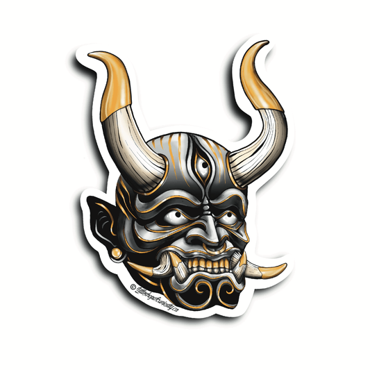 Silver Oni Mask Sticker - Colour Sticker - Little Shop of Curiosity