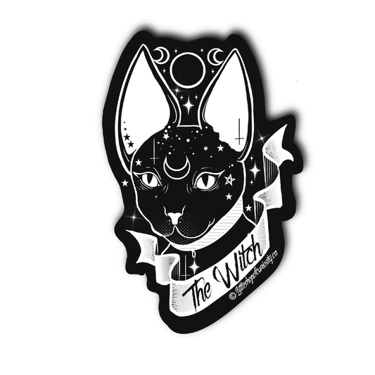 The Witch Black Cat Sticker - Black & White Sticker - Little Shop of Curiosity